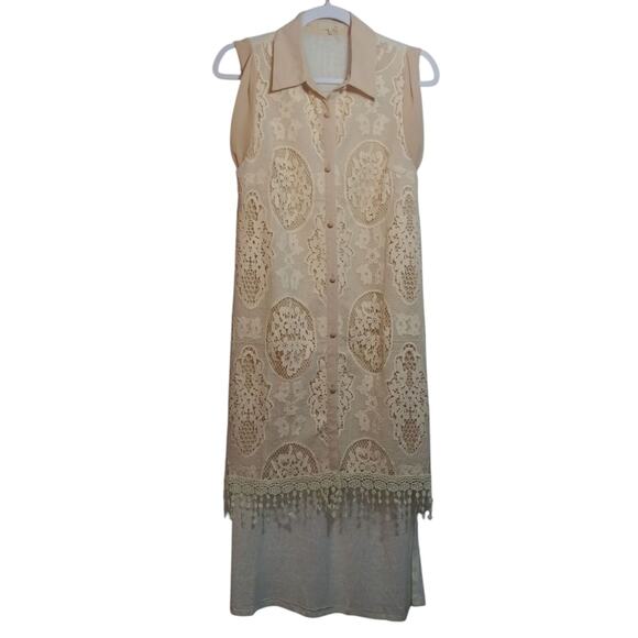 Ryu CottageCore Sleeveless Beige Lace Overlay Button Front Dress Beach Boho Sz S - Picture 1 of 10